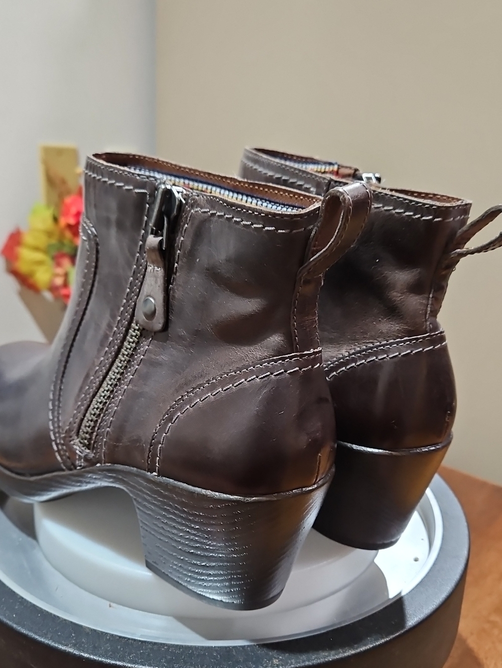 Women's Brown Leather Ankle Booties with Side Zip - Picture 10 of 14